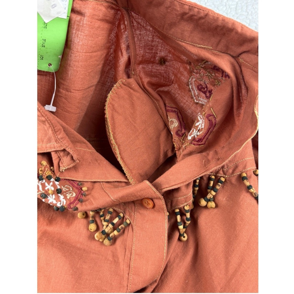 Vintage 90s Short Circuit Embroidered Beaded Western Shirt Brown Boho Medium NWT - Picture 8 of 12